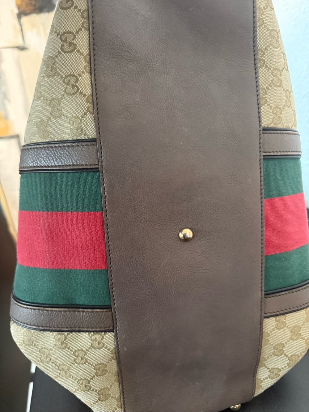 Gucci Beige GG Canvas Tote with Green and Red Center Stripe - Picture 7 of 12